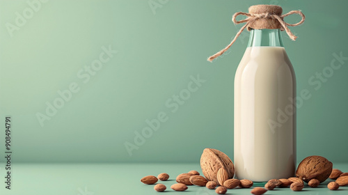  a cute bottle of almond milk with roasted almond beans sprinkled around it, set against a soft pastel green background photo