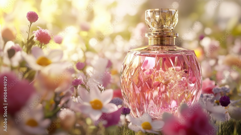 Elegant Crystal Perfume Bottle Among Blooming Flowers in Soft Light Elegant Crystal Perfume Bottle Among Blooming Flowers in Soft Light