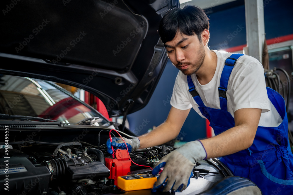 Professional Auto Mechanic Performing Vehicle Inspection and Maintenance in Modern Garage with Digital Tools Professional Auto Mechanic Performing Vehicle Inspection and Maintenance in Modern Garage with Digital Tools
