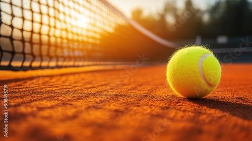 Tennis ball on a red clay tennis court with a net and sunlight