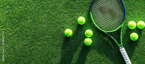 Tennis racket with tennis balls on the court, top view