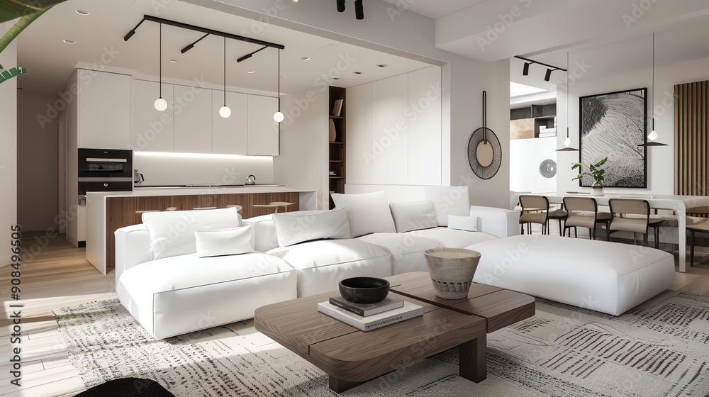 A modern living room with a white sectional sofa, wood coffee table and a kitchen in the background. A modern living room with a white sectional sofa, wood coffee table and a kitchen in the background.