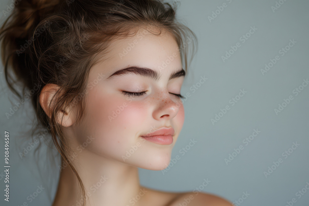 A close up of a girl's face with her eyes closed A close up of a girl's face with her eyes closed