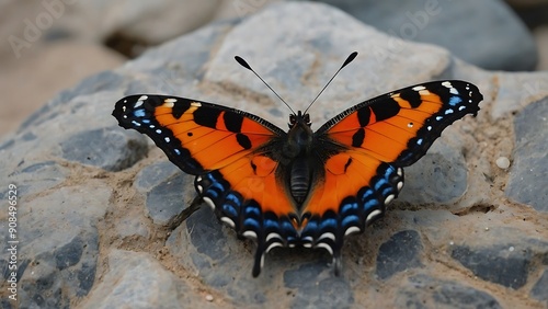 High-resolution, artistic photograph featuring a vibrant orange and black butterfly resting on a small, smooth grey stone