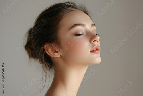 A close up of a girl's face with her eyes closed