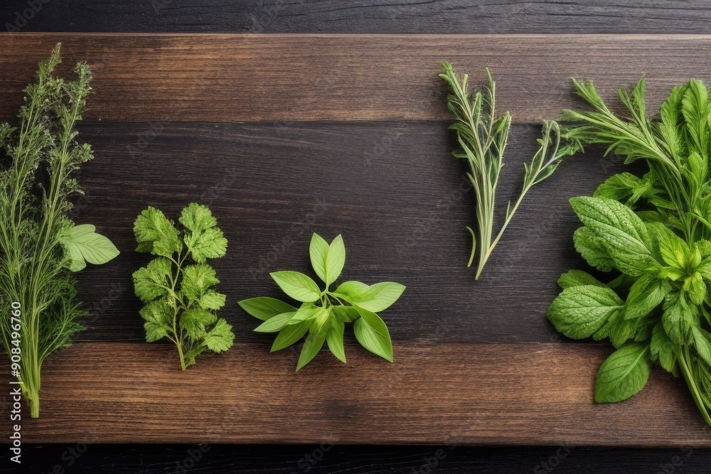 Flat-lay Herbs on a wooden table Flat-lay Herbs on a wooden table