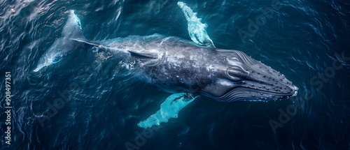 Aerial wide view over the Earth's South Pole Area of Photographs reflect the daily life in various poses of blue whale, humpback whale of Antarctica in groups of families or species societies photo