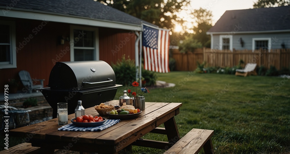 A backyard scene with a grill, picnic table, and American flag A backyard scene with a grill, picnic table, and American flag