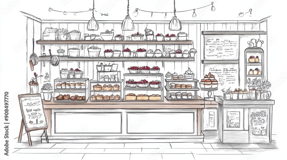 Fototapeta premium Charming bakery interior with shelves of delicious pastries and desserts, inviting atmosphere perfect for sweet indulgences.