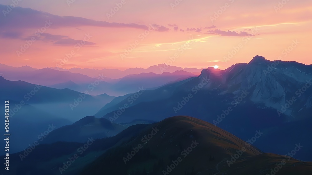 A mountain range with a pink sunrise behind them.