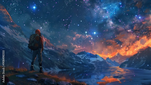 Wallpaper Mural A vibrant digital illustration of a lone backpacker gazing at the starry night sky, reflecting on a journey filled with wonder, enhanced lighting creating a magical atmosphere Torontodigital.ca