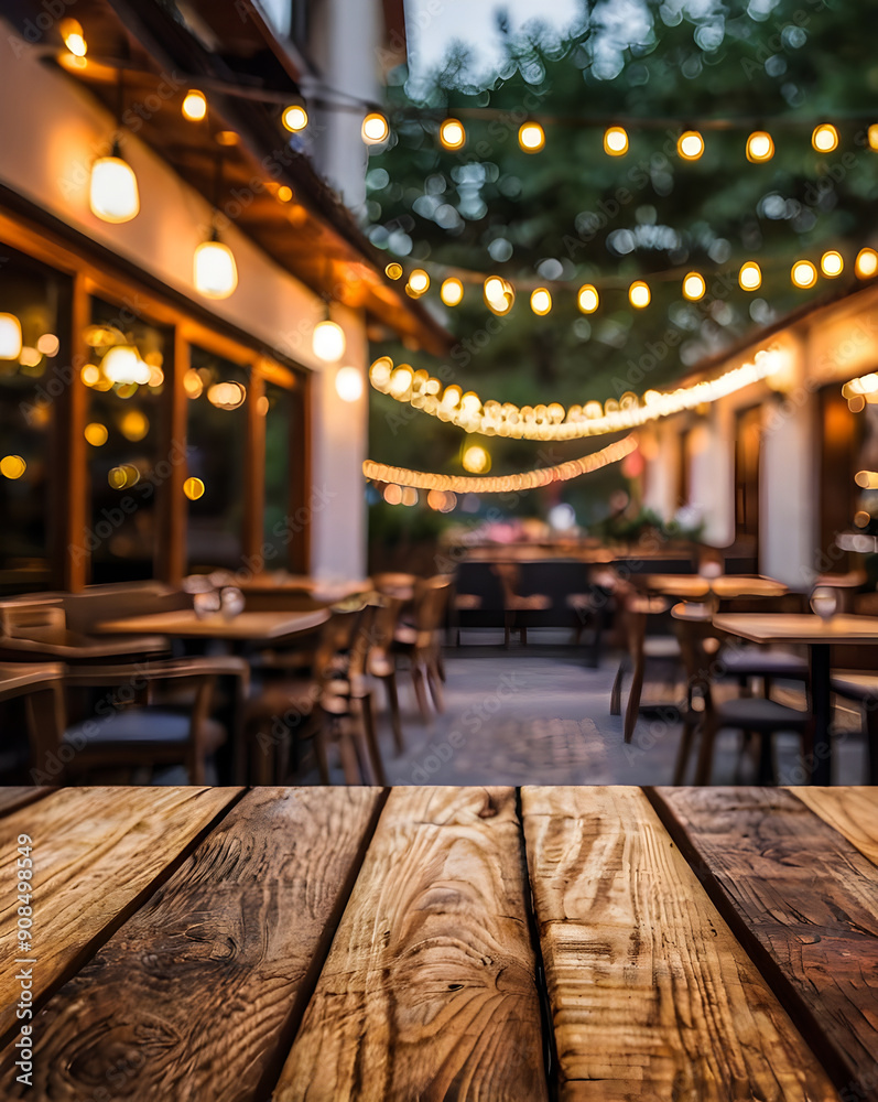 photo wooden table and blurred background of outdoor restaurant with bokeh light. High quality photo photo wooden table and blurred background of outdoor restaurant with bokeh light. High quality photo