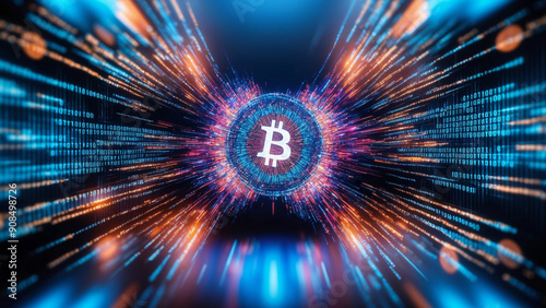 A breathtaking, hyper-realistic cinematic photograph of a cryptocurrency background, bursting with vibrant colors, featuring intricate binary code patterns, Generative Ai photo