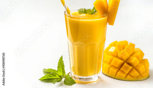 
Healthy mango smoothie in a glass with mint and straw isolated on white photo