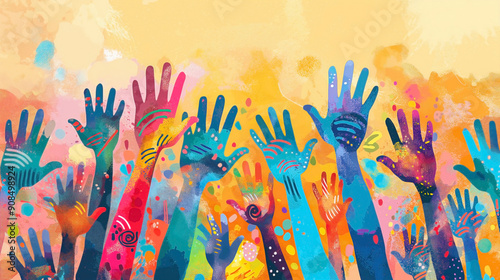 illustration of a collection of diverse and colorful hands raised up in unity.