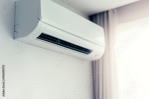 Modern air conditioner unit mounted on wall in bright room, providing efficient cooling and climate control