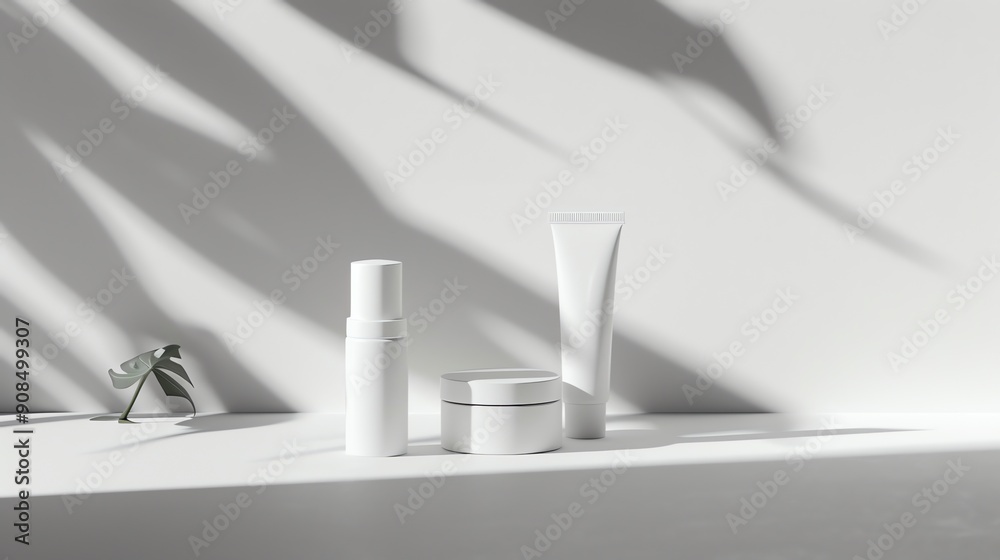 A set of three white skincare products in front of a white wall with a shadow. A set of three white skincare products in front of a white wall with a shadow.