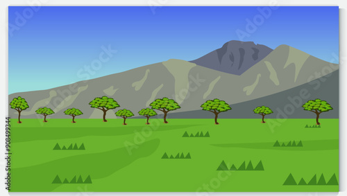 Mountain , Blue Sky reflecting on a lake water  beautiful landscape background , vector design illustration . Landscape, Illustrated with Hills or Mountains, Lake Water,, Blue Background. Nature