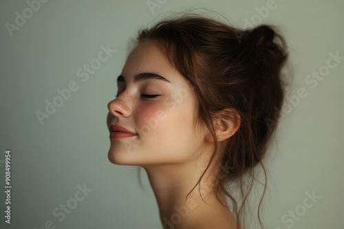 A close up of a girl's face with her eyes closed