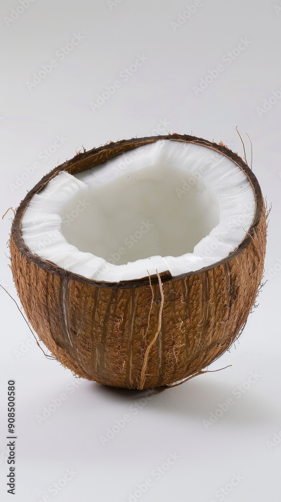 A coconut is cut open and the white flesh is visible A coconut is cut open and the white flesh is visible