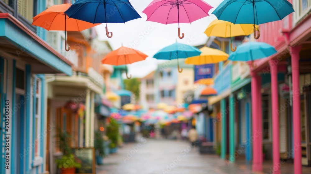 Bright umbrellas float above a lively street, bringing color and charm to a rainy day in a picturesque town Bright umbrellas float above a lively street, bringing color and charm to a rainy day in a picturesque town