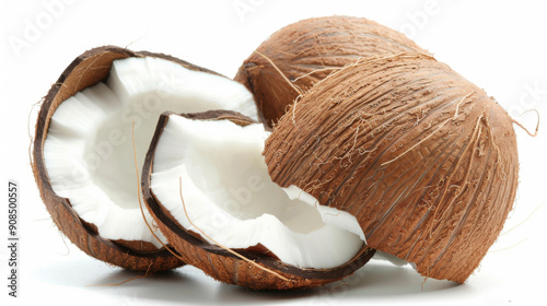 A close up of a coconut with the white part of the coconut still attached