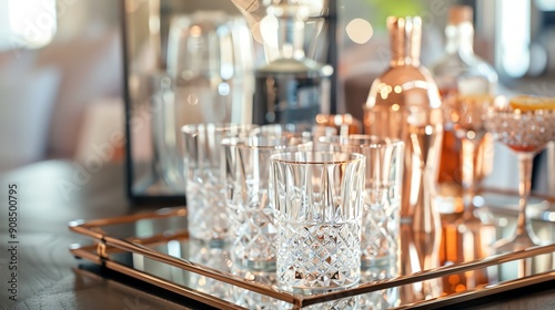 A gold serving tray with glasses and bar tools.