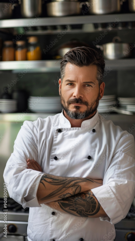 A chef with tattoos on his arms stands in a kitchen A chef with tattoos on his arms stands in a kitchen