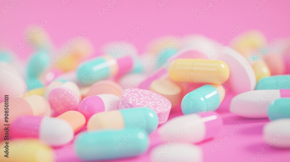 A vibrant collection of various pills and medication bottles spread across a pink background A vibrant collection of various pills and medication bottles spread across a pink background
