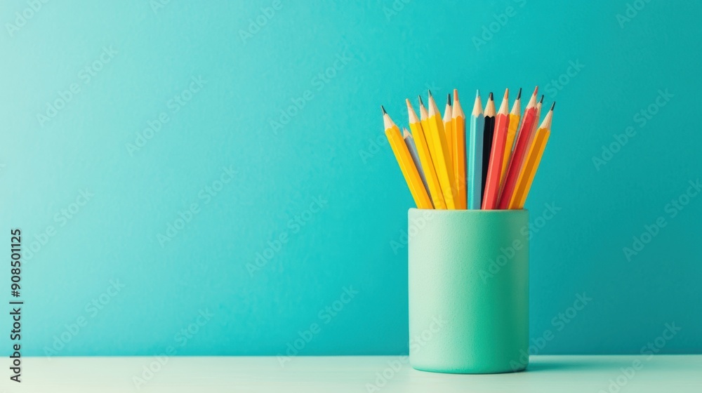 Colorful pencils and stationery arranged neatly in a cup on a desk against a bright blue backdrop Colorful pencils and stationery arranged neatly in a cup on a desk against a bright blue backdrop