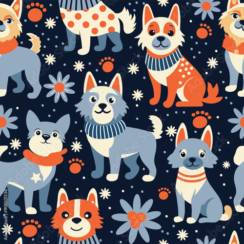 cute dogs on a blue background. seamless pattern