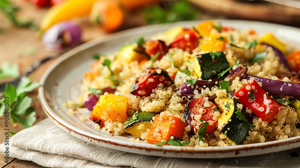A plate of quinoa with roasted vegetables. A plate of quinoa with roasted vegetables.