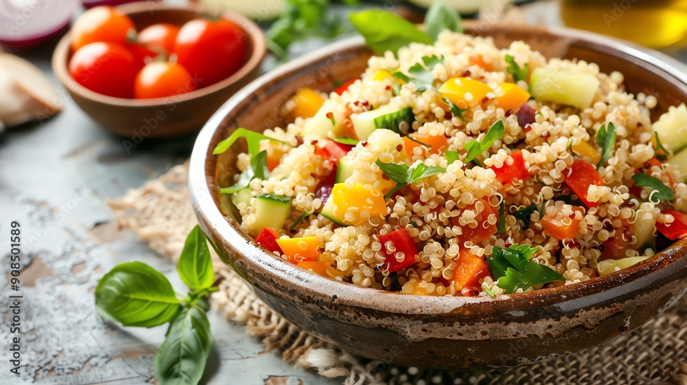 A bowl of quinoa with roasted vegetables. A bowl of quinoa with roasted vegetables.