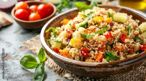 A bowl of quinoa with roasted vegetables.