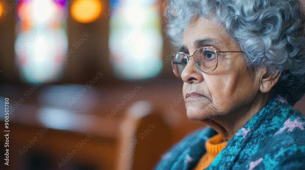 Obraz premium An elderly woman reflects quietly in church, illuminated by vibrant stained glass light