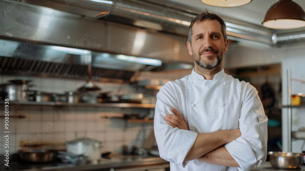 A chef stands in a kitchen with his arms crossed, looking at the camera A chef stands in a kitchen with his arms crossed, looking at the camera