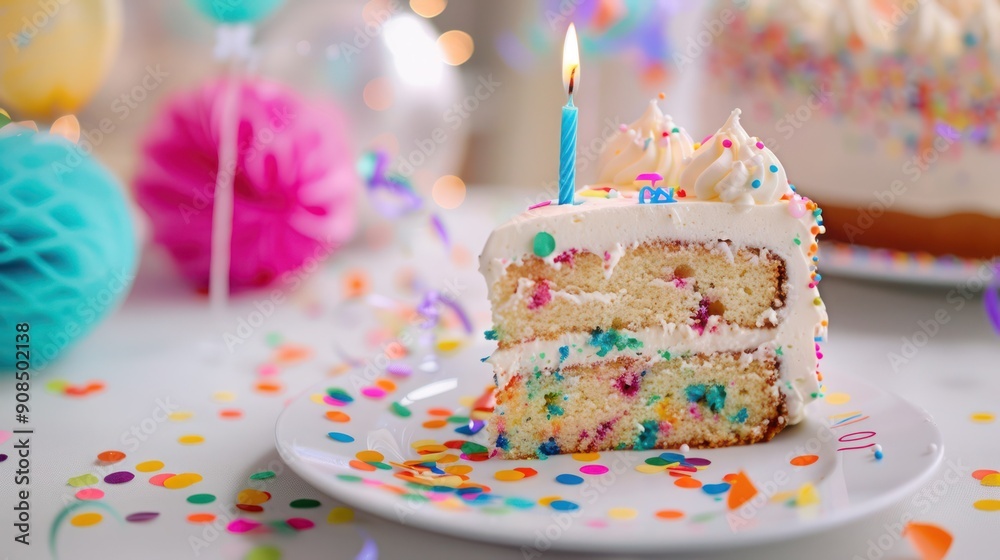 Slice of birthday cake with a blue candle on a plate, surrounded by colorful confetti. This cheerful image is perfect for celebrating birthdays and joyful occasions. 