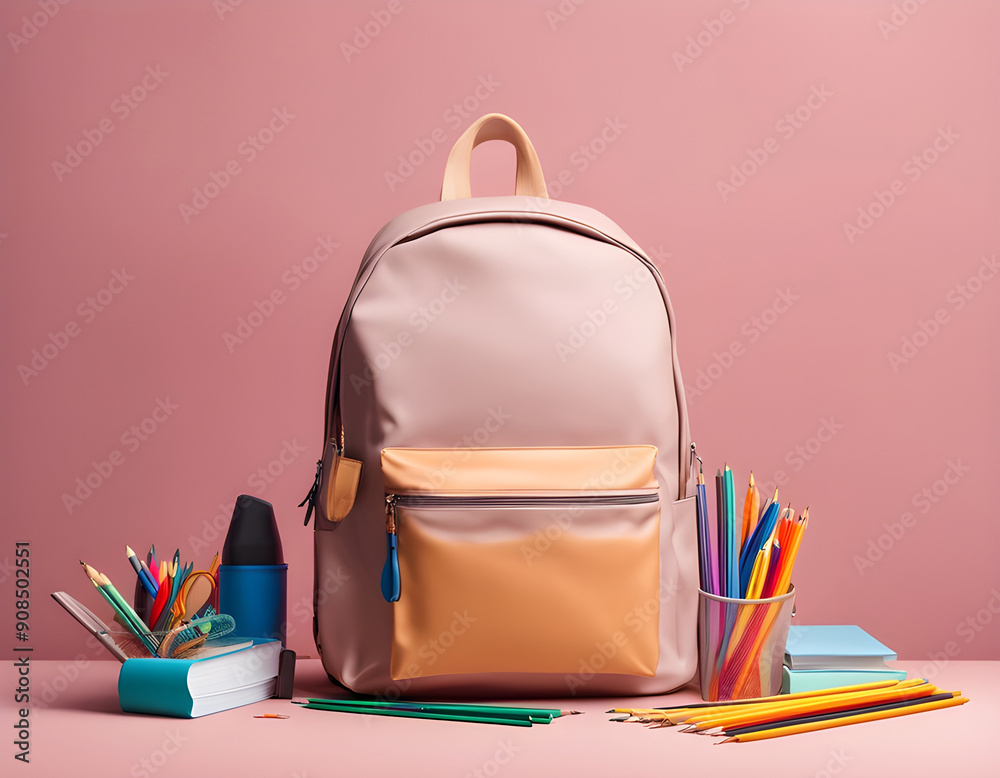 A backpack with school supplies inside, on a green background. Back to School concept. A backpack with school supplies inside, on a green background. Back to School concept.