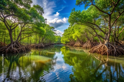 Vibrant mangrove forest in Aceh, Indonesia, featuring tangled roots, lush green foliage, and winding waterways, teeming with marine life in a tranquil natural habitat.
