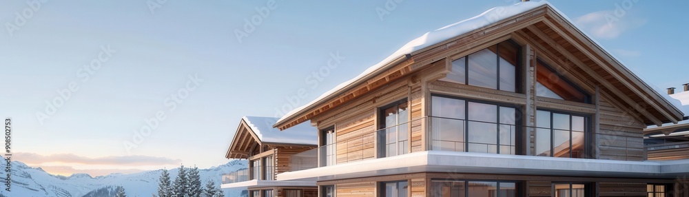 Chalet architecture, overhanging eaves, focus on, alpine influence, surreal, blend mode, ski resort Chalet architecture, overhanging eaves, focus on, alpine influence, surreal, blend mode, ski resort
