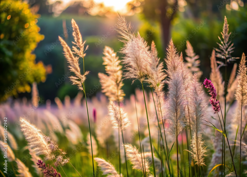 Softly swaying wild grasses, densely grown in the garden, occupy the foreground, while the blurred background subtly fades into a serene natural ambiance. Softly swaying wild grasses, densely grown in the garden, occupy the foreground, while the blurred background subtly fades into a serene natural ambiance.