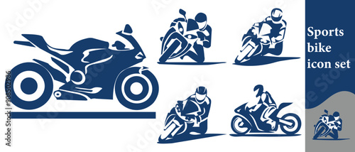 Sports bike icon set, here the rider is competing to be the first, there are beautiful bike icons including bike, rider, helmet and rider.