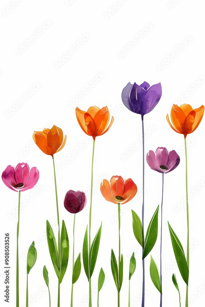 Fototapeta premium Collection of 2D and 3D Vector Flat Abstract Minimalistic Art of Flowers and Meadow Isolated on a White Background