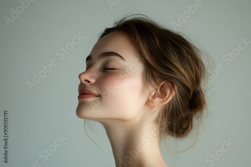 A close up of a girl's face with her eyes closed