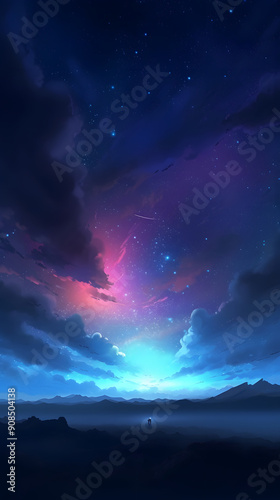 Digital aurora starry sky landscape abstract graphic poster background © yonshan