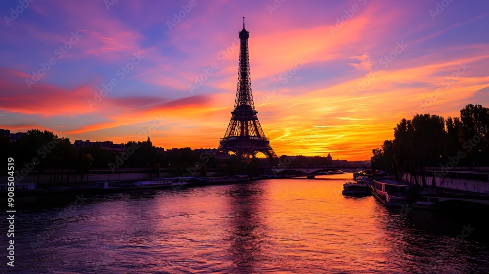 Obraz premium Eiffel Tower at Sunset: The Eiffel Tower silhouetted against a vibrant sunset sky, with the Seine River in the foreground. 