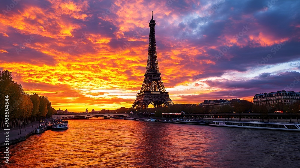 Obraz premium Eiffel Tower at Sunset: The Eiffel Tower silhouetted against a vibrant sunset sky, with the Seine River in the foreground. 