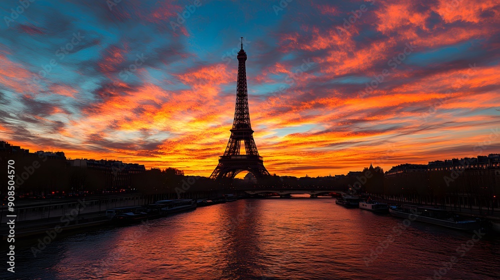 Eiffel Tower at Sunset: The Eiffel Tower silhouetted against a vibrant sunset sky, with the Seine River in the foreground.
Eiffel Tower at Sunset: The Eiffel Tower silhouetted against a vibrant sunset sky, with the Seine River in the foreground.