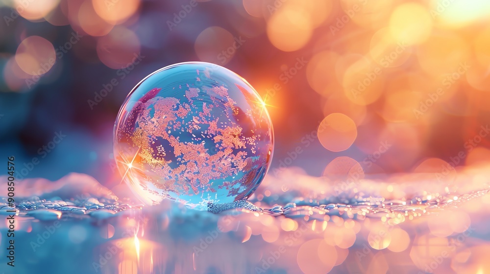 A glass orb with sparkly and iridescent contents is placed on a surface covered in small droplets. A glass orb with sparkly and iridescent contents is placed on a surface covered in small droplets.