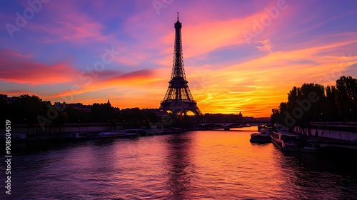 Eiffel Tower at Sunset: The Eiffel Tower silhouetted against a vibrant sunset sky, with the Seine River in the foreground. 